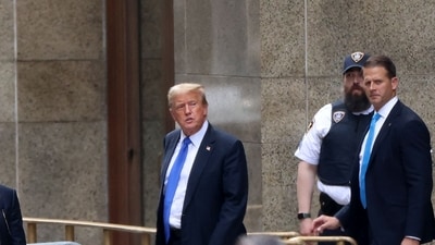 Former US President and Republican presidential candidate Donald Trump leaves Manhattan Criminal Court after he was convicted in his criminal trial in New York City, on May 30, 2024. (AFP)
