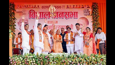 Uttar Pradesh Chief Minister Yogi Adityanath during a public meeting for Lok Sabha polls, in Varanasi (PTI) Uttar Pradesh Chief Minister Yogi Adityanath during a public meeting for Lok Sabha polls, in Varanasi (PTI)