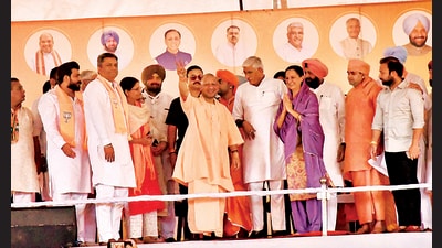 Uttar Pradesh chief minister Yogi Adityanath during a rally in Badmajra village in Kharar on Thursday. (HT Photo)