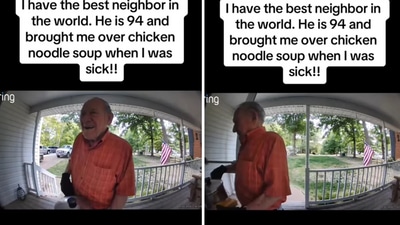 The image shows an elderly man bringing soup for his neighbour. (Instagram/@goodnewsmovement) The image shows an elderly man bringing soup for his neighbour. (Instagram/@goodnewsmovement)