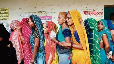 Women stand in a queue to cast their votes at a polling station in Saroi village, Bhadohi on Saturday (AFP PHOTO) Women stand in a queue to cast their votes at a polling station in Saroi village, Bhadohi on Saturday (AFP PHOTO)