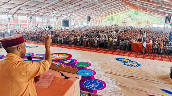 Hamirpur: Uttar Pradesh chief minister Yogi Adityanath addresses a rally in support of party candidate and union minister, Anurag Thakur. (PTI file photo)