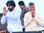 AP Exit Poll 2024 Live: Jana Sena party President and actor Pawan Kalyan with Telugu Desam Party (TDP) president N Chandrababu Naidu during roadshow at Nellimarla in Vizianagaram district.(PTI)