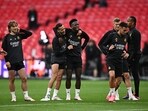 Real Madrid's Luka Modric, Nacho, Vinicius Junior, Lucas Vazquez, Toni Kroos, Eder Militao and Dani Ceballos during training.