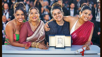 (From left) Actors Kani Kusruti and Chhaya Kadam, director Payal Kapadia and actor Divya Prabha of All We Imagine as Light, which won the Grand Prix, the second-most-prestigious prize at Cannes. (Reuters) (From left) Actors Kani Kusruti and Chhaya Kadam, director Payal Kapadia and actor Divya Prabha of All We Imagine as Light, which won the Grand Prix, the second-most-prestigious prize at Cannes. (Reuters)