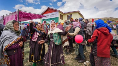 Women celebrate after casting their votes at the world's highest polling station located at an altitude of 15,256 feet in Tashigang, Lahaul and Spiti, Himachal Pradesh. (Arun Sharma / PTI) Women celebrate after casting their votes at the world's highest polling station located at an altitude of 15,256 feet in Tashigang, Lahaul and Spiti, Himachal Pradesh. (Arun Sharma / PTI)