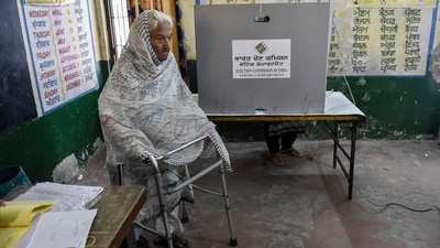 An elderly woman leaves a polling booth after voting in Jalandhar, Punjab. (Shammi Mehra / AFP) An elderly woman leaves a polling booth after voting in Jalandhar, Punjab. (Shammi Mehra / AFP)