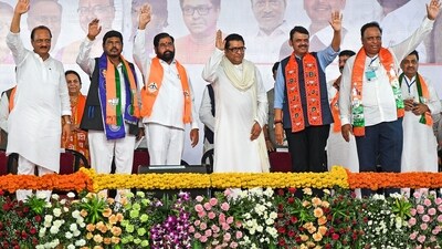 Mumbai, May 18 (ANI): Maharashtra Chief Minister Eknath Shinde with State Deputy Chief Ministers Ajit Pawar and Devendra Fadnavis, Maharashtra Navnirman Sena (MNS) chief Raj Thackeray waves to the crowd during the public meeting ahead of the fifth phase of Lok Sabha Polls, at Shivaji Park, in Mumbai on Friday. (ANI Photo) (Ashish Vaishnav) Mumbai, May 18 (ANI): Maharashtra Chief Minister Eknath Shinde with State Deputy Chief Ministers Ajit Pawar and Devendra Fadnavis, Maharashtra Navnirman Sena (MNS) chief Raj Thackeray waves to the crowd during the public meeting ahead of the fifth phase of Lok Sabha Polls, at Shivaji Park, in Mumbai on Friday. (ANI Photo) (Ashish Vaishnav)