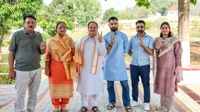 Bharatiya Janata Party (BJP) National President JP Nadda and his family display their ink-marked fingers after casting their votes for the Lok Sabha elections in Vijaypur, Bilaspur district, Himachal Pradesh. (X/JP Nadda) Bharatiya Janata Party (BJP) National President JP Nadda and his family display their ink-marked fingers after casting their votes for the Lok Sabha elections in Vijaypur, Bilaspur district, Himachal Pradesh. (X/JP Nadda)