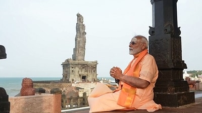 Prime Minister Narendra Modi at the Vivekananda Rock Memorial during his meditation in Kanniyakumari on Saturday. (ANI) Prime Minister Narendra Modi at the Vivekananda Rock Memorial during his meditation in Kanniyakumari on Saturday. (ANI)