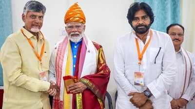 AP Exit Poll 2024 Live: Prime Minister Narendra Modi being greeted by TDP President N Chandrababu Naidu and Jana Sena Party president K Pawan Kalyan (PK) in Varanasi. (PTI)