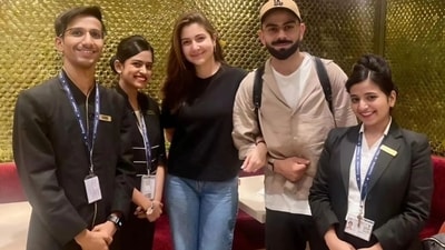 Anushka Sharma with Virat Kohli at Mumbai airport before flying out to New York. Anushka Sharma with Virat Kohli at Mumbai airport before flying out to New York.