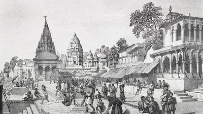 "Benares, A Brahmin placing a garland on the holiest spot in the sacred city" (Image taken from Benares illustrated, in a series of drawings. Calcutta : printed at the Baptist Mission Press, Circular Road, 1830-1834,/ Wikimedia Commons) "Benares, A Brahmin placing a garland on the holiest spot in the sacred city" (Image taken from Benares illustrated, in a series of drawings. Calcutta : printed at the Baptist Mission Press, Circular Road, 1830-1834,/ Wikimedia Commons)