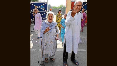 Elderly couple showing their ink-marked fingers after casting their vote in Ludhiana on Saturday. (Gurpreet singh/ht)