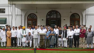 INDIA leaders after a meeting of coalition partners at Congress president Mallikarjun Kharge’s residence in Delhi on Saturday. (PTI) INDIA leaders after a meeting of coalition partners at Congress president Mallikarjun Kharge’s residence in Delhi on Saturday. (PTI)