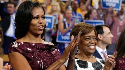 First lady Michelle Obama, left, and her mother Marian Robinson react as Ret. Navy Admiral John B. Nathman speaks to delegates at the Democratic National Convention in Charlotte, N.C., Sept. 6, 2012. (AP) First lady Michelle Obama, left, and her mother Marian Robinson react as Ret. Navy Admiral John B. Nathman speaks to delegates at the Democratic National Convention in Charlotte, N.C., Sept. 6, 2012. (AP)