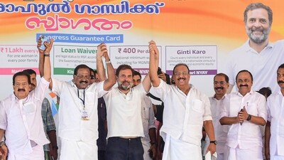 Rahul Gandhi with Congress leaders during an election rally ahead of the Lok Sabha elections, in Kannur, Kerala. (PTI) Rahul Gandhi with Congress leaders during an election rally ahead of the Lok Sabha elections, in Kannur, Kerala. (PTI)