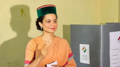 BJP candidate Kangana Ranaut after casting her vote at a polling booth during the seventh and last phase of Lok Sabha elections, in Mandi (PTI) (PTI) BJP candidate Kangana Ranaut after casting her vote at a polling booth during the seventh and last phase of Lok Sabha elections, in Mandi (PTI) (PTI)