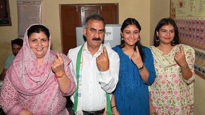Himachal Pradesh chief minister and Congress leader Sukhvinder Singh Sukhu, accompanied by his family, casts his vote at a polling booth in Nadaun, Hamirpur district. (PTI) Himachal Pradesh chief minister and Congress leader Sukhvinder Singh Sukhu, accompanied by his family, casts his vote at a polling booth in Nadaun, Hamirpur district. (PTI)