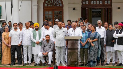 INDIA bloc leaders at a press conference after their meeting in Delhi. (PTI) INDIA bloc leaders at a press conference after their meeting in Delhi. (PTI)