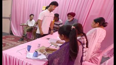 People casting their vote in a pink polling station in Ludhiana on Saturday. (Gurpreet Singh/HT) People casting their vote in a pink polling station in Ludhiana on Saturday. (Gurpreet Singh/HT)