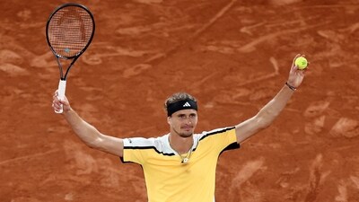 Germany's Alexander Zverev celebrates after winning his third round match against Netherlands' Tallon Griekspoor (REUTERS)