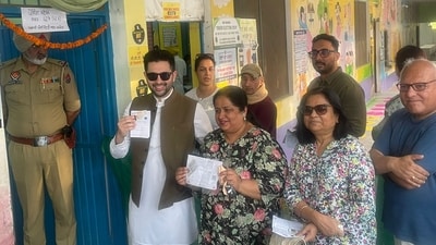 Aam Aadmi Party (AAP) Rajya Sabha MP Raghav Chadha is the first voter to cast his vote at Government Smart Primary School in Mohali, Punjab. (Sanjeev Sharma/HT Photo) Aam Aadmi Party (AAP) Rajya Sabha MP Raghav Chadha is the first voter to cast his vote at Government Smart Primary School in Mohali, Punjab. (Sanjeev Sharma/HT Photo)
