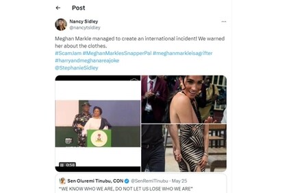 A tweet shared by Nancy Sidley on May 25 in response to the original post tweeted by the First Lady of Nigeria. (X/Twitter) A tweet shared by Nancy Sidley on May 25 in response to the original post tweeted by the First Lady of Nigeria. (X/Twitter)