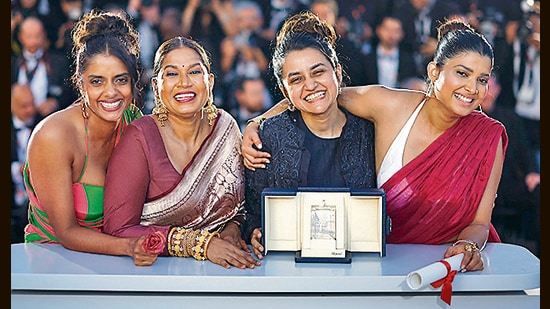 (From left) Actors Kani Kusruti and Chhaya Kadam, director Payal Kapadia and actor Divya Prabha of All We Imagine as Light, which won the Grand Prix, the second-most-prestigious prize at Cannes. (Reuters)