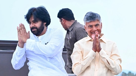 AP Exit Poll 2024 Live: Jana Sena party President and actor Pawan Kalyan with Telugu Desam Party (TDP) president N Chandrababu Naidu during roadshow at Nellimarla in Vizianagaram district. AP Exit Poll 2024 Live: Jana Sena party President and actor Pawan Kalyan with Telugu Desam Party (TDP) president N Chandrababu Naidu during roadshow at Nellimarla in Vizianagaram district.