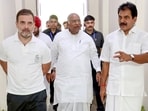 Congress chief Mallikarjun Kharge, Congress MP Rahul Gandhi and party general secretary KC Venugopal during a meeting with the party's Lok Sabha candidates, CLP leaders and PCC presidents. 