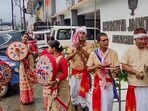 Itanagar, Jun 02 (ANI): Artists dressed in traditional Assamese attire perform 'Bihu dance' as they celebrate Bharatiya Janata Party (BJP) crossing the halfway mark during the ongoing vote counting for the Arunachal Pradesh Assembly elections, at the party office in Itanagar on Sunday.