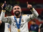 Real Madrid's Spanish defender #02 Dani Carvajal celebrates the victory at the end of the UEFA Champions League final football match