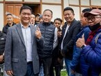 Arunachal Pradesh Chief Minister Pema Khandu shows his finger marked with indelible ink after casting his vote (PTI)
