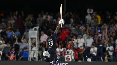 USA's vice-captain Aaron Jones celebrates winning the ICC men's Twenty20 World Cup 2024 group A cricket match (AFP)