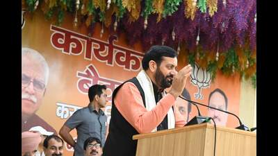 Haryana chief minister Nayab Saini addressing party workers in Karnal on Sunday. (HT Photo)