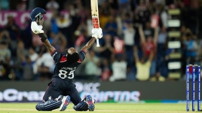 United States' Aaron Jones reacts after hitting the winning runs during the men's T20 World Cup cricket match between the United States and Canada at Grand Prairie Stadium, in Grand Prairie, Texas, Saturday, June 1 (AP) United States' Aaron Jones reacts after hitting the winning runs during the men's T20 World Cup cricket match between the United States and Canada at Grand Prairie Stadium, in Grand Prairie, Texas, Saturday, June 1 (AP)