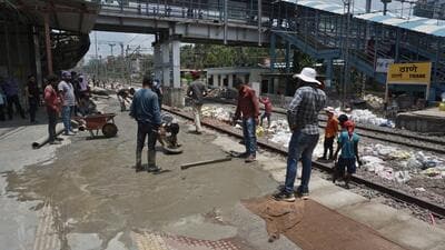 Thane, India - June ,02, 2024: The 63-hour special mega block undertaken by Thane Central Railway for widening of Thane Platform No 5 will end on Sunday at 3.30 pm and the work is almost complete. The width of platform no 5 is seen to be increased , in Thane,in Mumbai, India, on, Sunday, June,02, 2024. ( Praful Gangurde / HT Photo ) Thane, India - June ,02, 2024: The 63-hour special mega block undertaken by Thane Central Railway for widening of Thane Platform No 5 will end on Sunday at 3.30 pm and the work is almost complete. The width of platform no 5 is seen to be increased , in Thane,in Mumbai, India, on, Sunday, June,02, 2024. ( Praful Gangurde / HT Photo )