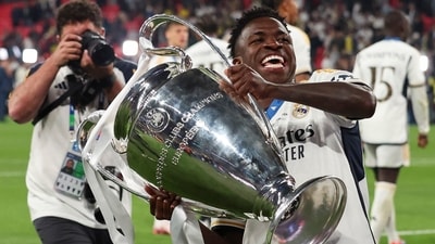 Real Madrid's Vinicius Junior celebrates at the end of the Champions League final match. (AP)