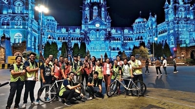 Midnight cyclists love how the city's buildings and monuments such as the CSMT, get all lit up night (Mischief Treks) Midnight cyclists love how the city's buildings and monuments such as the CSMT, get all lit up night (Mischief Treks)