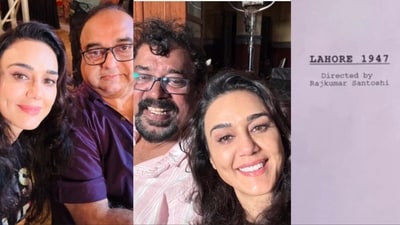Preity Zinta posed Rajkumar Santoshi and Santosh Sivan on sets of Lahore 1947. Preity Zinta posed Rajkumar Santoshi and Santosh Sivan on sets of Lahore 1947.