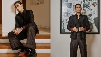 Stylist Rahul Vijay used two sarees, a black silk one for the jacket and a pinstriped maroon and black one for wide-legged pants. The red border of the saree even found a new life as trimmings on the sleeves. Stylist Rahul Vijay used two sarees, a black silk one for the jacket and a pinstriped maroon and black one for wide-legged pants. The red border of the saree even found a new life as trimmings on the sleeves.