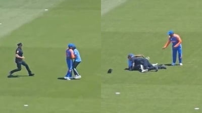 Fan breached security to hug Rohit Sharma during T20 World Cup warm-up match Fan breached security to hug Rohit Sharma during T20 World Cup warm-up match