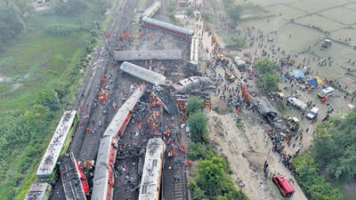 the Coromandel Express collided with a stationary goods train laden with iron ore on the loop line at the Bahanaga Bazar railway station at 128 km per hour. (Arabinda Mahapatra) the Coromandel Express collided with a stationary goods train laden with iron ore on the loop line at the Bahanaga Bazar railway station at 128 km per hour. (Arabinda Mahapatra)
