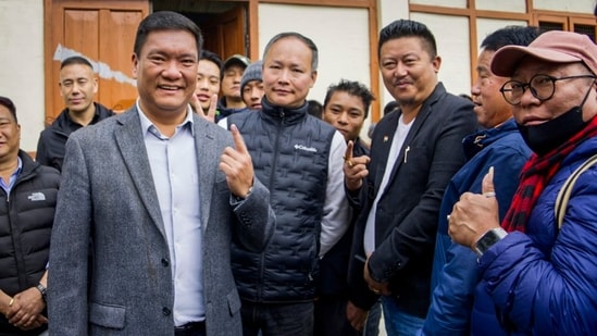 Arunachal Pradesh Chief Minister Pema Khandu shows his finger marked with indelible ink after casting his vote Arunachal Pradesh Chief Minister Pema Khandu shows his finger marked with indelible ink after casting his vote