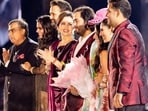 Mukesh Ambani, Isha Ambani, Anand Piramal, Nita Ambani, Anant Ambani, Rihanna, Radhika Merchant, Shloka Mehta Ambani and Akash Ambani during pre-wedding celebrations of Anant and Radhika in Jamnagar, Gujarat in March.