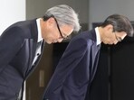 Honda Motor President and CEO Toshihiro Mibe (L) bows at the beginning of a press conference in Tokyo on June 3, 2024. Toyota said on June 3 it had suspended domestic shipments of three car models after falling foul of government certification rules along with its Japanese rivals Honda, Mazda, Suzuki and Yamaha. (Photo by JIJI Press / AFP) / Japan OUT Honda Motor President and CEO Toshihiro Mibe (L) bows at the beginning of a press conference in Tokyo on June 3, 2024. Toyota said on June 3 it had suspended domestic shipments of three car models after falling foul of government certification rules along with its Japanese rivals Honda, Mazda, Suzuki and Yamaha. (Photo by JIJI Press / AFP) / Japan OUT