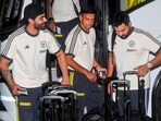 Indian cricket coach Rahul Dravid with players Rohit Sharma (captain) and Ravindra Jadeja before leaving for New York Indian cricket coach Rahul Dravid with players Rohit Sharma (captain) and Ravindra Jadeja before leaving for New York