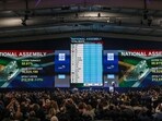 Guests and political party representatives use their mobile phones to record the electronic results board during the official announcement of the South African general election results in the Independent Electoral Commission (IEC) National Results Center at the Gallagher Convention Centre in Midrand, on June 2, 2024. South Africa's governing African National Congress (ANC) lost its 30-year-old outright majority in this week's election, winning only 159 seats in the 400-seat parliament, official results showed on June 2, 2024. (Photo by PHILL MAGAKOE / AFP)(AFP)
