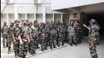 Security drill at Patna’s A N College, where votes for Patliputra and Patna Sahib Lok Sabha constituencies will be counted on June 4. (HT PHOTO)